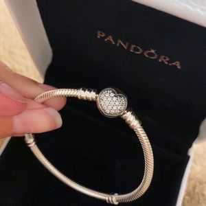 Pandora Sparkling Heart Clasp Snake Chain Bracelet